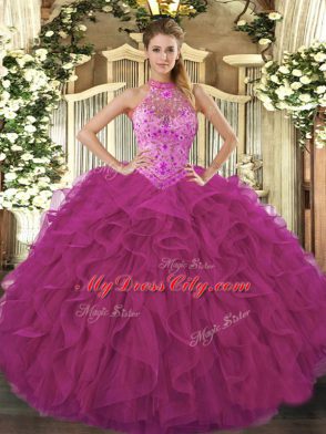 Deluxe Halter Top Sleeveless Lace Up Sweet 16 Dresses Fuchsia Organza