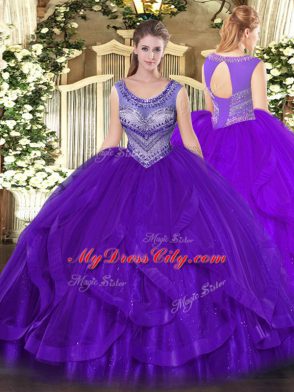Ideal Beading and Ruffles Sweet 16 Dress Eggplant Purple Lace Up Sleeveless Floor Length