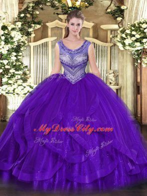 Ideal Beading and Ruffles Sweet 16 Dress Eggplant Purple Lace Up Sleeveless Floor Length