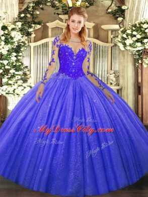 Floor Length Ball Gowns Long Sleeves Blue Quinceanera Dress Lace Up