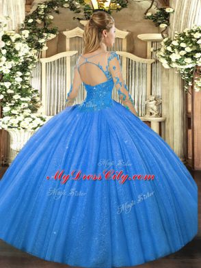 Floor Length Ball Gowns Long Sleeves Blue Quinceanera Dress Lace Up