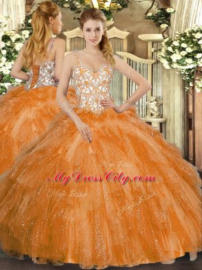 Orange Tulle Lace Up Straps Sleeveless Floor Length Sweet 16 Dress Beading and Ruffles