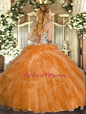 Orange Tulle Lace Up Straps Sleeveless Floor Length Sweet 16 Dress Beading and Ruffles