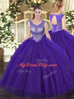 Classical Purple Tulle and Sequined Lace Up Sweet 16 Quinceanera Dress Sleeveless Floor Length Beading