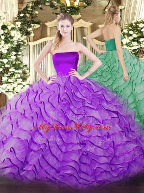 Sleeveless Tulle Brush Train Zipper 15 Quinceanera Dress in Eggplant Purple with Ruffles