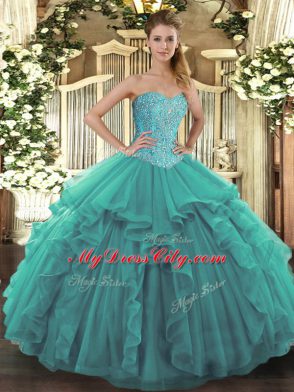 Fantastic Turquoise Ball Gowns Beading and Ruffles Quinceanera Gown Lace Up Tulle Sleeveless Floor Length