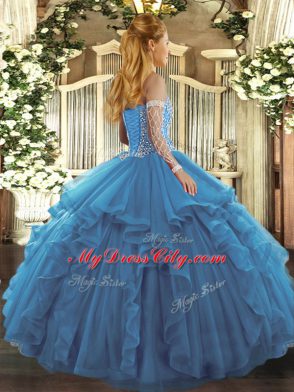 Fantastic Turquoise Ball Gowns Beading and Ruffles Quinceanera Gown Lace Up Tulle Sleeveless Floor Length
