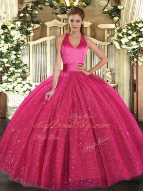 Hot Pink Halter Top Lace Up Sequins Sweet 16 Dress Sleeveless
