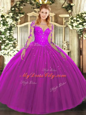 Trendy Fuchsia Ball Gowns Tulle Scoop Long Sleeves Lace Floor Length Lace Up Sweet 16 Dresses
