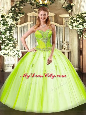 Ideal Floor Length Yellow Green Sweet 16 Dress Sweetheart Sleeveless Lace Up