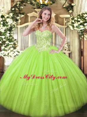 Floor Length Lace Up 15 Quinceanera Dress Yellow Green for Sweet 16 and Quinceanera with Appliques