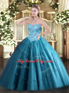 Adorable Teal Sleeveless Floor Length Appliques Lace Up Quinceanera Gown