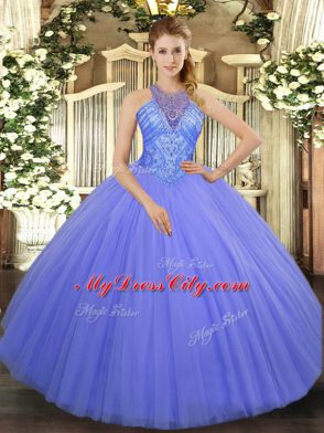 Sleeveless Floor Length Beading Lace Up 15th Birthday Dress with Lavender