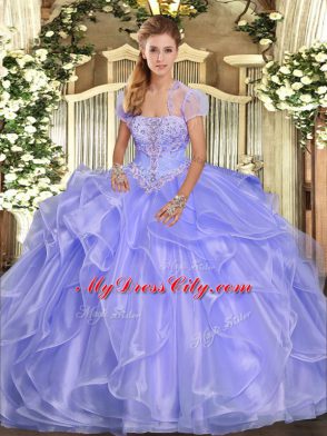 Sleeveless Organza Floor Length Lace Up Sweet 16 Quinceanera Dress in Lavender with Appliques and Ruffles