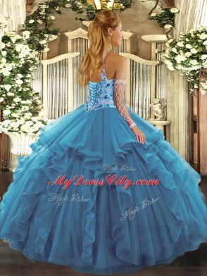 Sleeveless Floor Length Beading and Ruffles Lace Up Sweet 16 Dress with Teal
