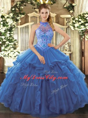 Floor Length Blue Vestidos de Quinceanera Halter Top Sleeveless Lace Up