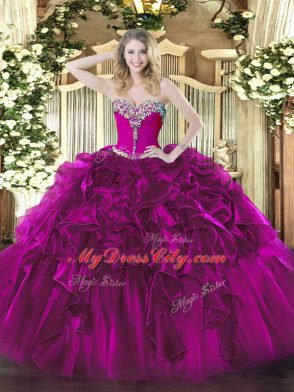 Nice Fuchsia Sleeveless Floor Length Beading and Ruffles Lace Up Sweet 16 Dresses