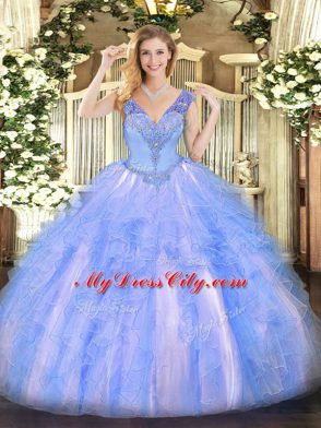Excellent Light Blue V-neck Neckline Beading and Ruffles 15 Quinceanera Dress Sleeveless Lace Up
