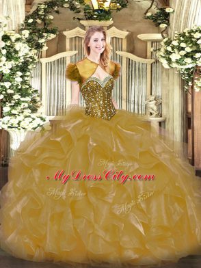 Beading and Ruffles Quince Ball Gowns Gold Lace Up Sleeveless Floor Length