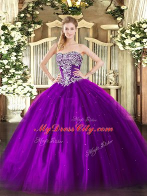 Purple Sleeveless Beading Floor Length 15 Quinceanera Dress