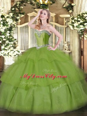 Free and Easy Olive Green Lace Up Sweetheart Beading and Ruffled Layers Quince Ball Gowns Tulle Sleeveless