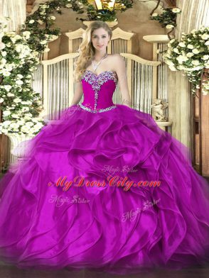 Floor Length Fuchsia Sweet 16 Quinceanera Dress Sweetheart Sleeveless Lace Up