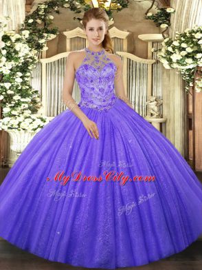 Admirable Lavender Halter Top Neckline Beading and Embroidery Sweet 16 Dresses Sleeveless Lace Up