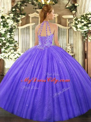 Admirable Lavender Halter Top Neckline Beading and Embroidery Sweet 16 Dresses Sleeveless Lace Up