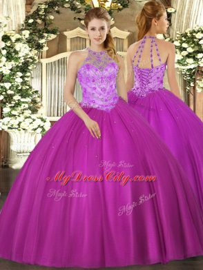 Fuchsia Satin Lace Up Vestidos de Quinceanera Sleeveless Floor Length Beading