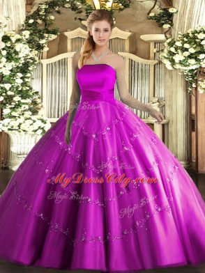 Amazing Floor Length Lace Up Vestidos de Quinceanera Fuchsia for Military Ball and Sweet 16 and Quinceanera with Appliques