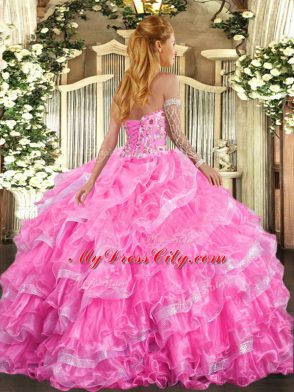 Graceful Lavender Ball Gowns Sweetheart Sleeveless Organza Floor Length Lace Up Embroidery and Ruffled Layers 15th Birthday Dress