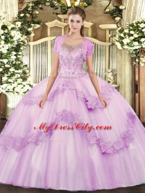 Edgy Floor Length Lilac Quinceanera Dresses Tulle Sleeveless Beading and Appliques