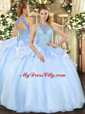 Light Blue Lace Up Halter Top Beading Ball Gown Prom Dress Organza Sleeveless