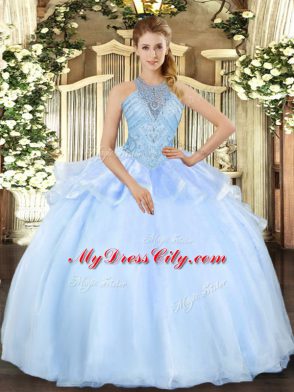 Light Blue Lace Up Halter Top Beading Ball Gown Prom Dress Organza Sleeveless
