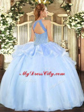 Light Blue Lace Up Halter Top Beading Ball Gown Prom Dress Organza Sleeveless