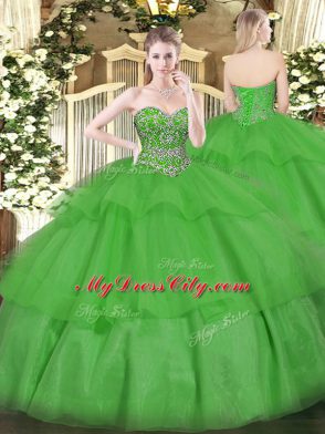 Sleeveless Floor Length Beading and Ruffled Layers Lace Up Quinceanera Gowns with Green