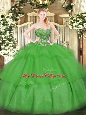 Sleeveless Floor Length Beading and Ruffled Layers Lace Up Quinceanera Gowns with Green