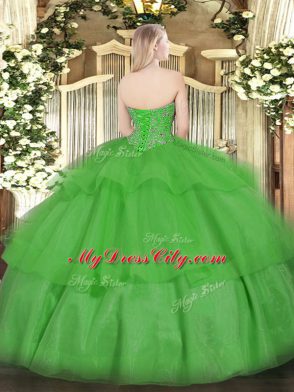 Sleeveless Floor Length Beading and Ruffled Layers Lace Up Quinceanera Gowns with Green