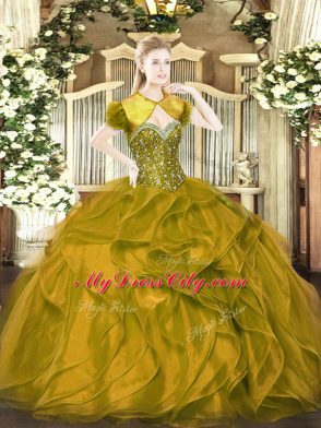 Glamorous Brown Ball Gowns Sweetheart Sleeveless Organza Floor Length Lace Up Beading and Ruffles Quinceanera Gown
