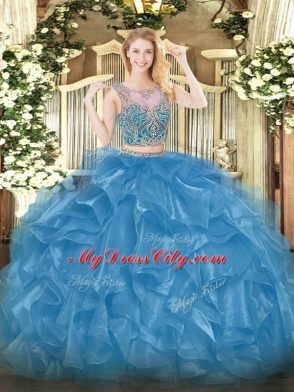 Fashionable Scoop Sleeveless 15th Birthday Dress Floor Length Beading and Ruffles Baby Blue Organza