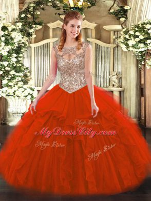Sweet Red Sleeveless Tulle Lace Up Quinceanera Dresses for Military Ball and Sweet 16 and Quinceanera