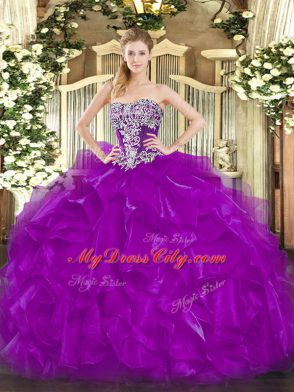 Strapless Sleeveless Organza Vestidos de Quinceanera Beading and Ruffles Lace Up