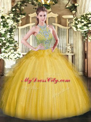 Fabulous Gold 15th Birthday Dress Military Ball and Sweet 16 and Quinceanera with Beading and Ruffles Halter Top Sleeveless Lace Up