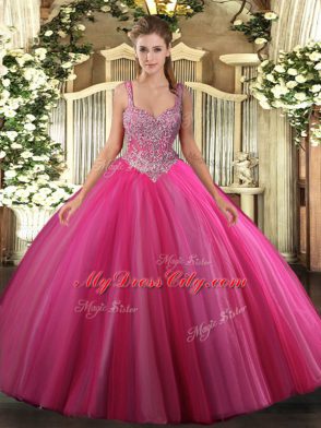 Sleeveless Floor Length Beading Lace Up Quinceanera Dresses with Hot Pink