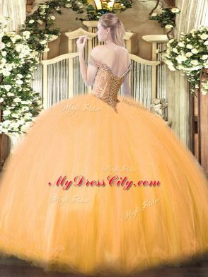 Fuchsia Lace Up Off The Shoulder Beading Quinceanera Gown Tulle Sleeveless