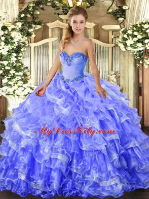 Blue Sleeveless Organza Lace Up Quinceanera Gowns for Military Ball and Sweet 16 and Quinceanera