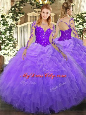 Lavender Scoop Lace Up Lace and Ruffles Quinceanera Dresses Long Sleeves
