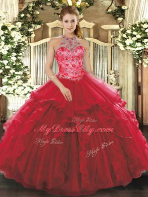 Shining Coral Red Halter Top Lace Up Beading and Embroidery and Ruffles Quince Ball Gowns Sleeveless