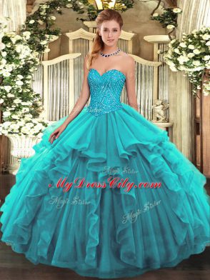 Teal Tulle Lace Up Sweetheart Sleeveless Floor Length Quinceanera Gowns Beading and Ruffles