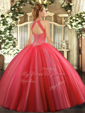 Glamorous High-neck Sleeveless Tulle Vestidos de Quinceanera Beading Lace Up